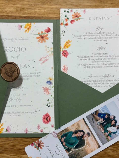 Floral wedding invitation suite with green pocketfold