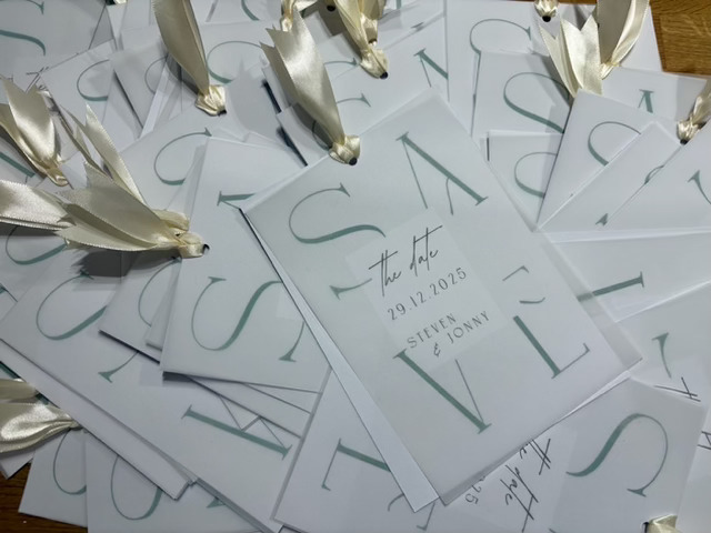 Minimalist save the date cards with ribbon ties