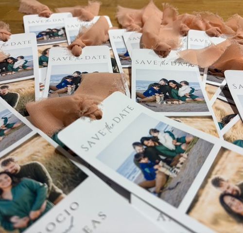 Photo save the date cards with fabric ribbons