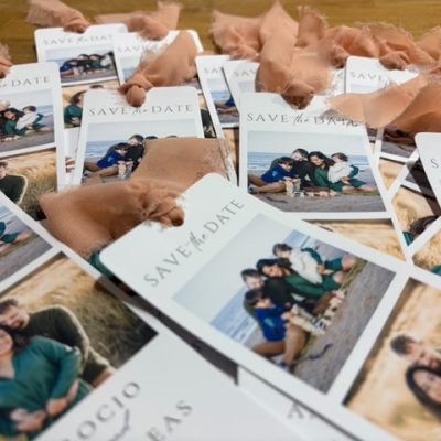 Photo save the date cards with fabric ribbons