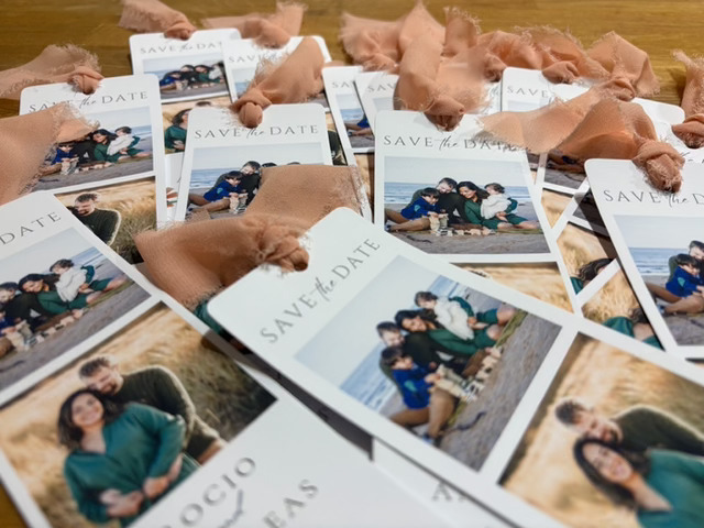 Photo save the date cards with fabric ribbons