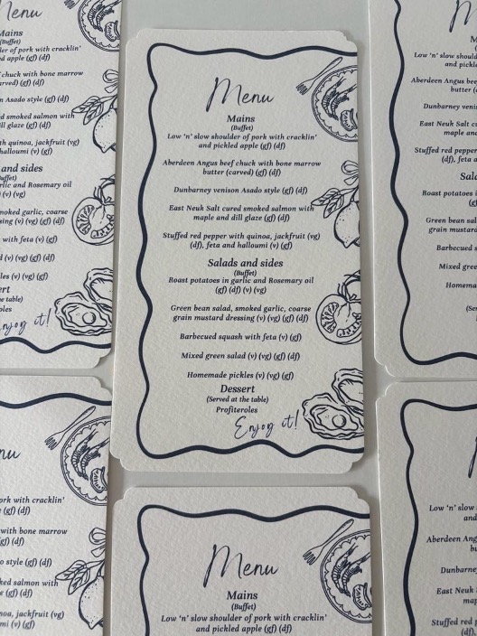 Bespoke wedding menu cards with illustrated floral details
